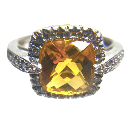 14K White Gold, 2.4ct Citrine, & Diamond Halo Engagement Ring - Sz. 4.75