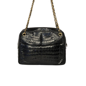 Chanel 80s Black Shiny Alligator Camera Shoulder Bag - TheRelux.com