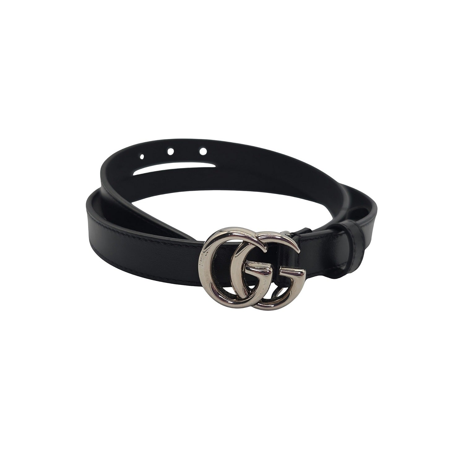 Gucci 20mm Leather Tie Belt Double GG Logo Black Silver Size 80/32 Gucci Double-G Marmont Leather 80-32 20mm (4/Small) Black  main image 4