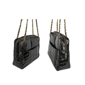 Chanel 80s Black Shiny Alligator Camera Shoulder Bag - TheRelux.com