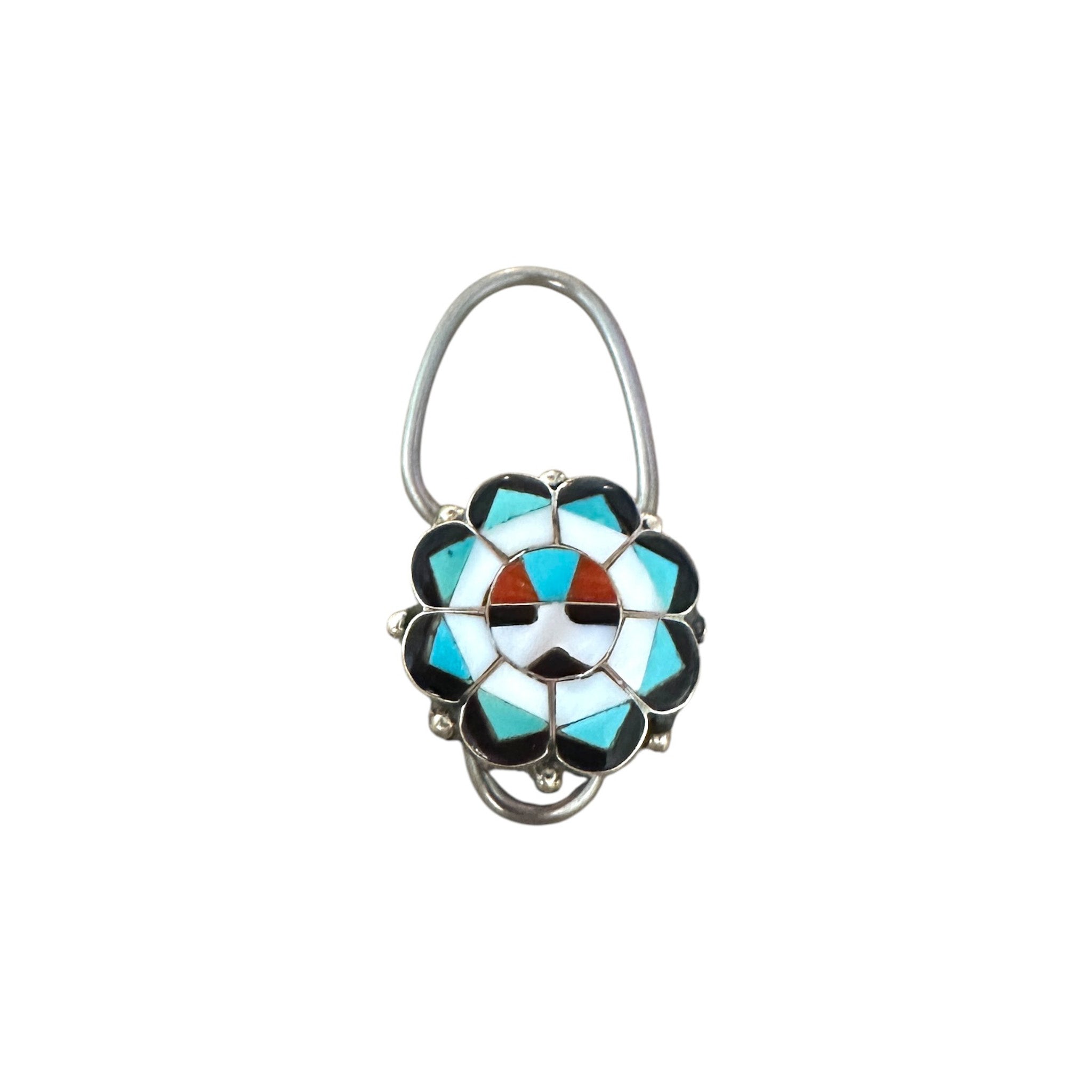 Zuni Sterling Silver & Multi-Stone Inlay Sunface Key Ring - TheRelux.com