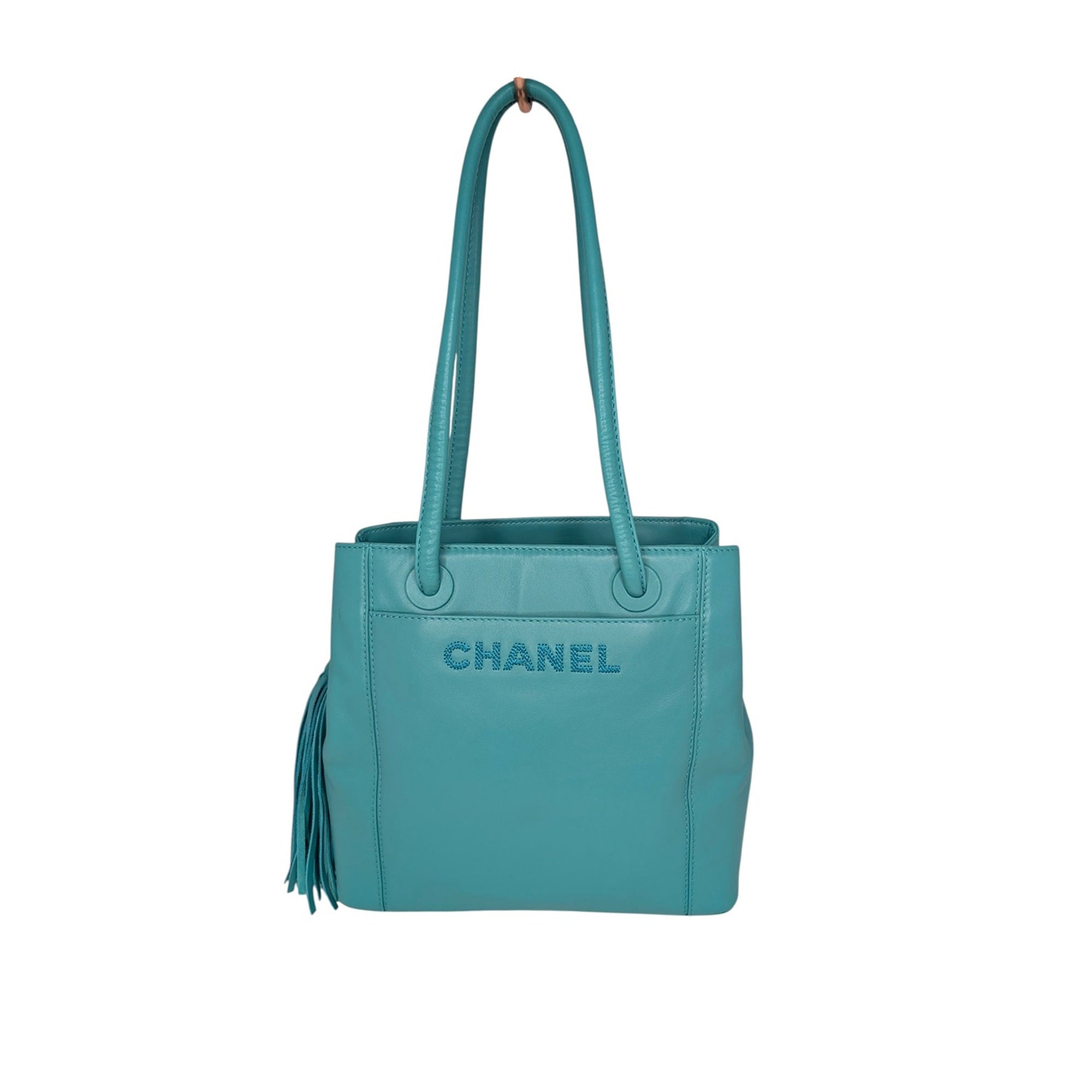★CHANEL様ご確認ページ★ Chanel 90s Blue Lambskin Embroidered Logo Tassel Shopper