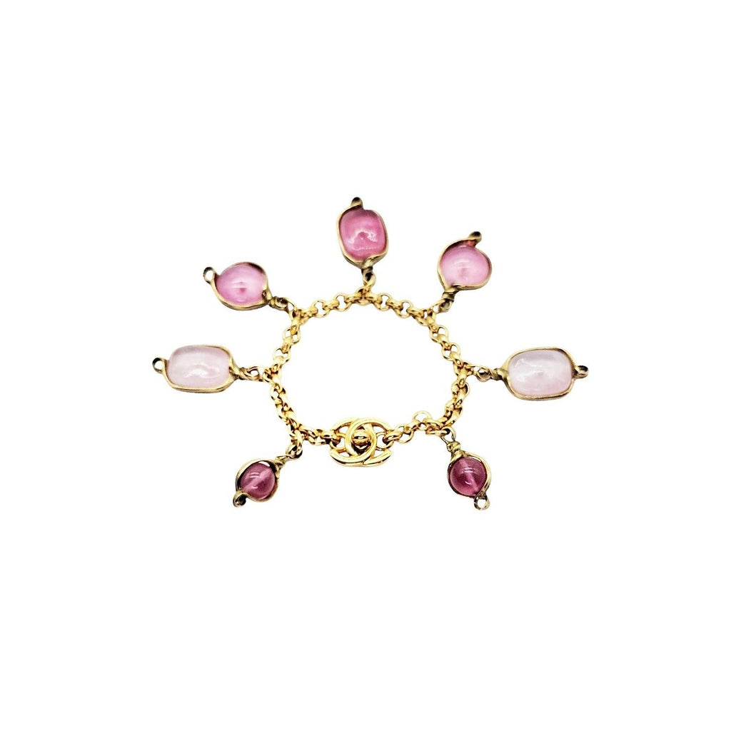 Chanel Vintage Gold-tone & Pink Gripoix 96P Charm Bracelet