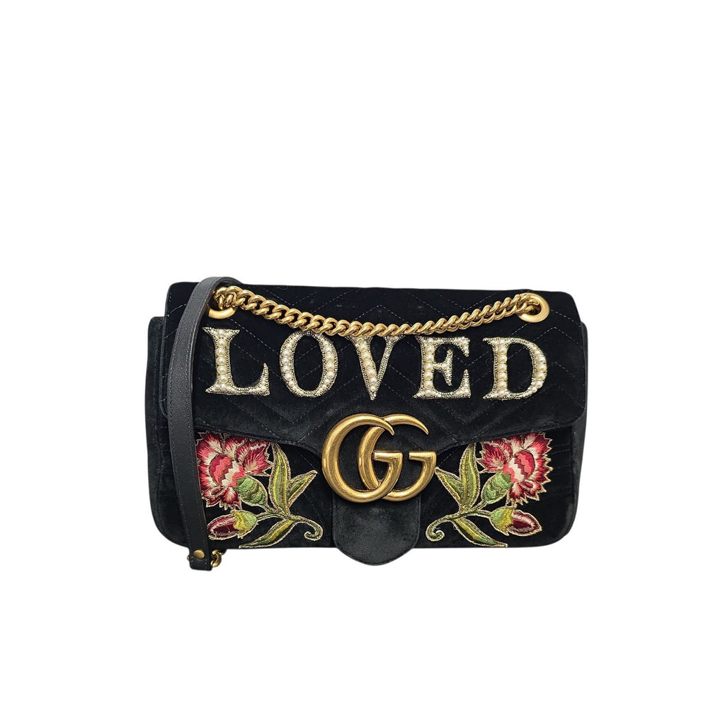 Gucci GG Marmont Velvet Embroidered Loved Medium Chain Bag