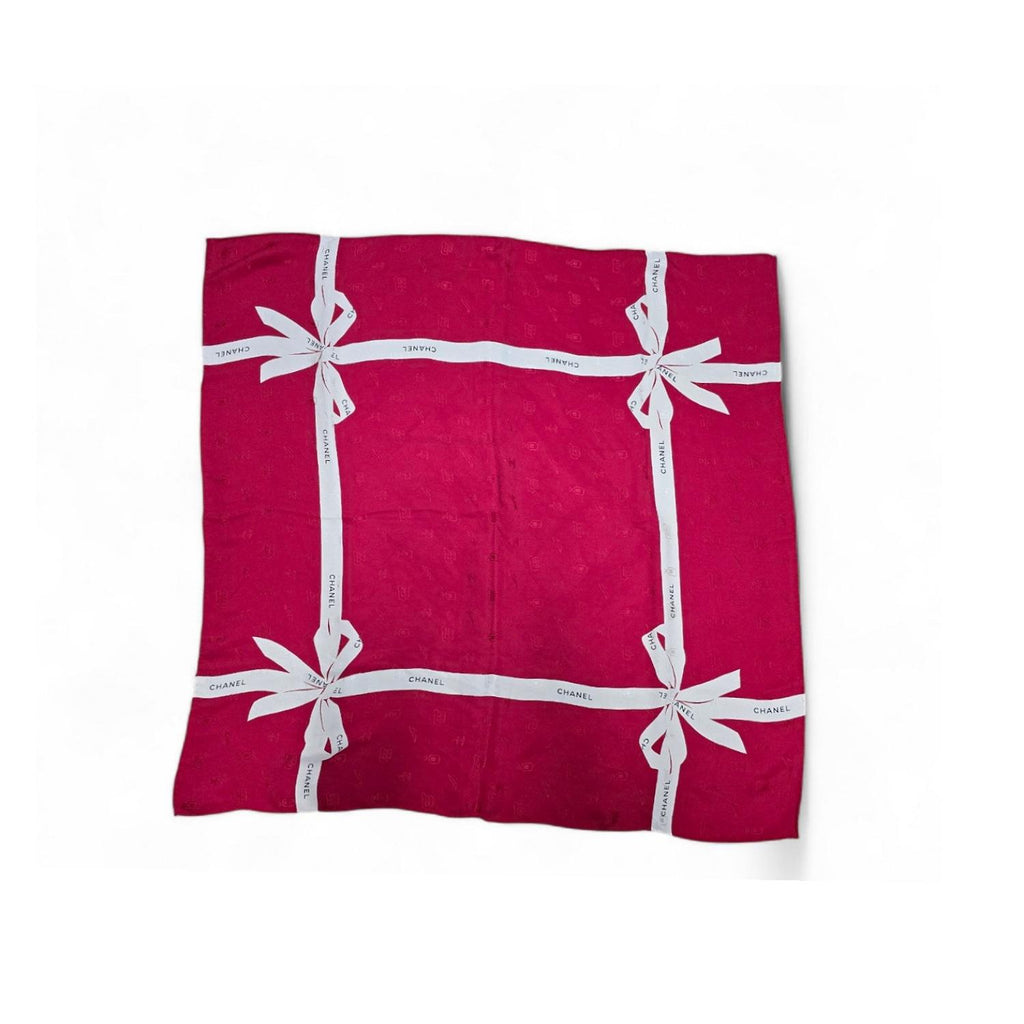 Chanel Red & White Logo Ribbon Silk Scarf - TheRelux.com