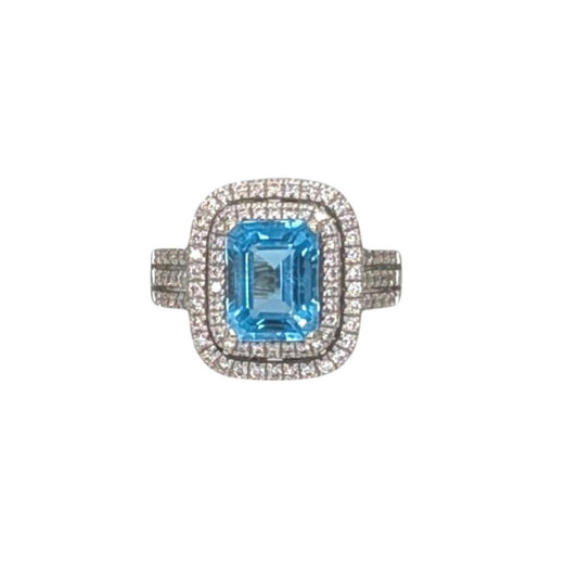14K White Gold 3.04 CTW Natural Blue Topaz & 0.46 CTW Diamond Double Halo Ring
