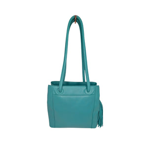 Chanel 90s Blue Lambskin Embroidered Logo Tassel Shopper