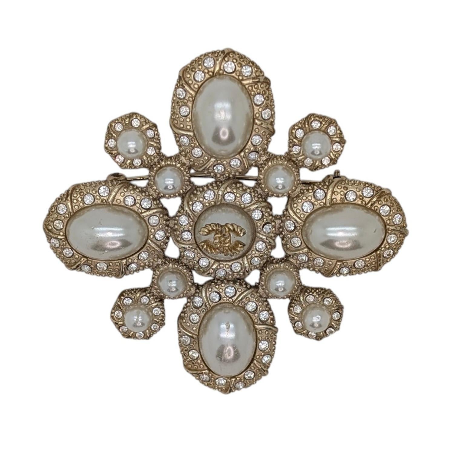 Authentic Chanel Faux Pearl & Crystal Maltese Cross Brooch
