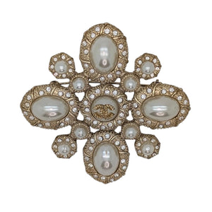 Authentic Chanel Faux Pearl & Crystal Maltese Cross Brooch