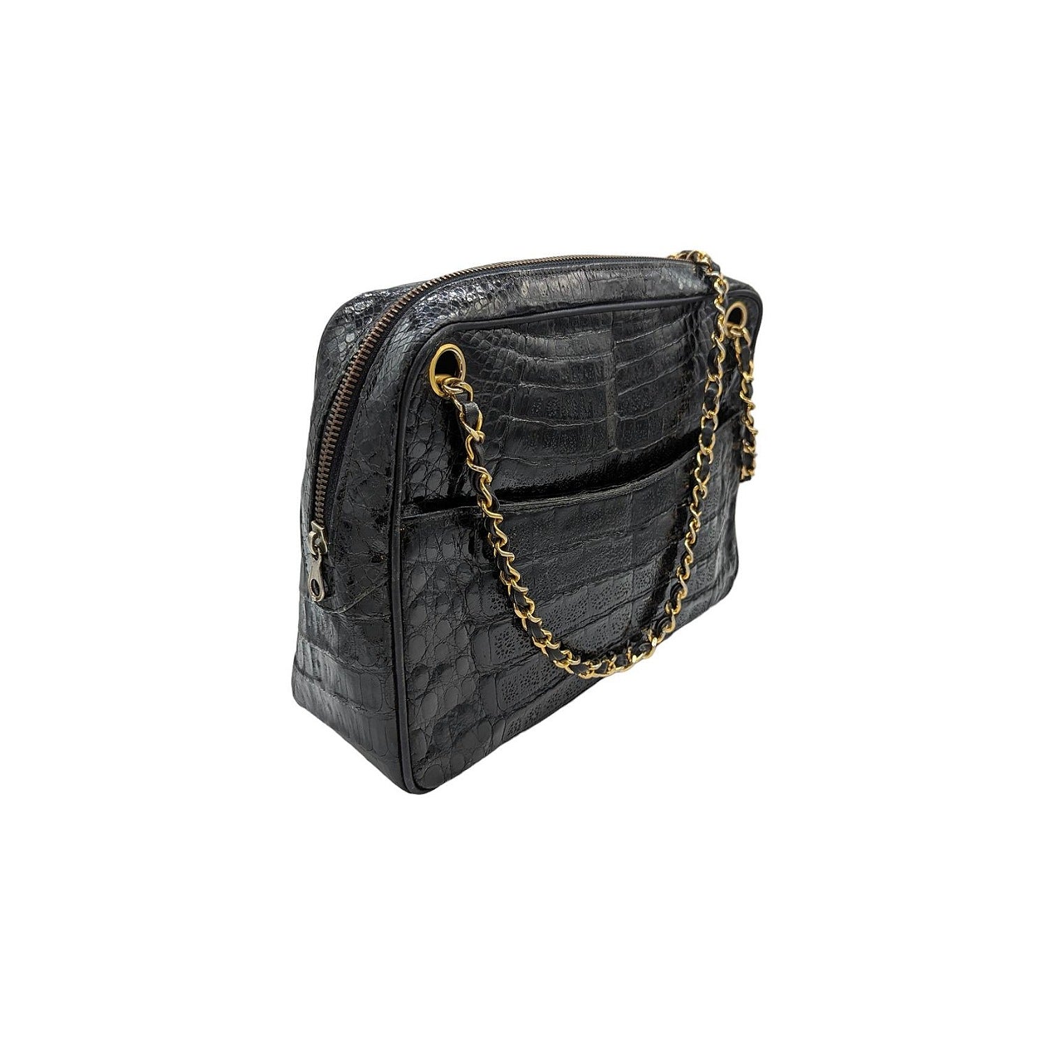CHANELシャネル 美しいカットソー【訳アリ】 Chanel 80s Black Shiny Alligator Camera Shoulder Bag - TheRelux.com