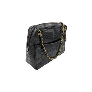 Chanel 80s Black Shiny Alligator Camera Shoulder Bag - TheRelux.com