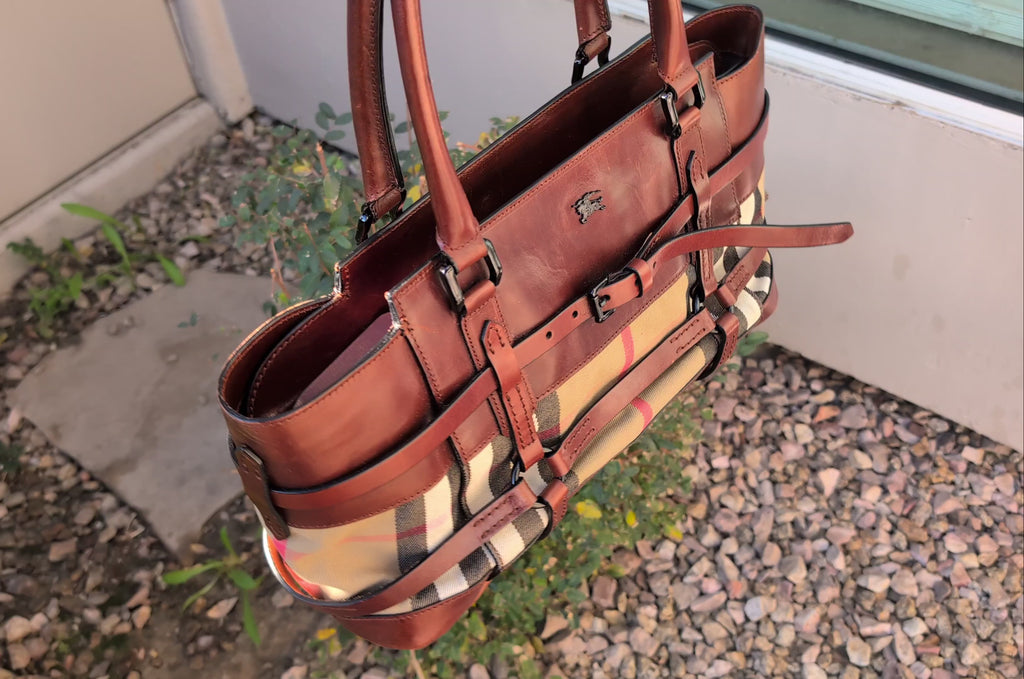 Burberry Dark Tan Bridle House Check Canvas Satchel Bag
