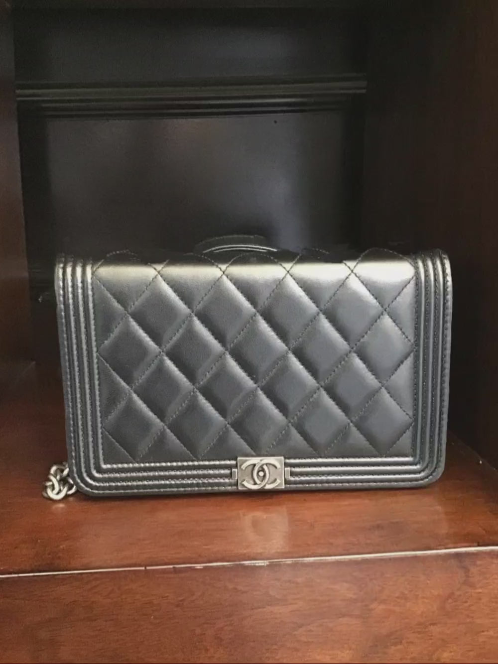 Chanel 2019 Lambskin Quilted Boy Wallet On Chain WOC Black