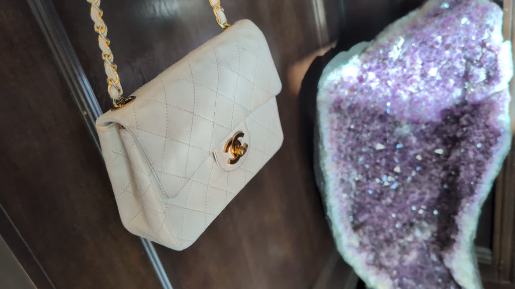 Chanel Vintage White Quilted Lambskin Classic Square Mini Flap