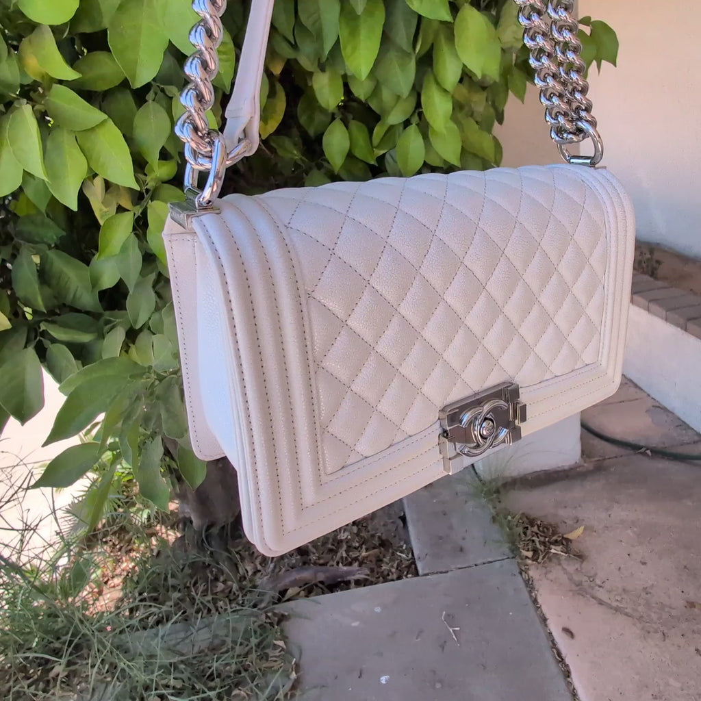 Chanel 25C Boy Medium Handbag in White Quilted Caviar