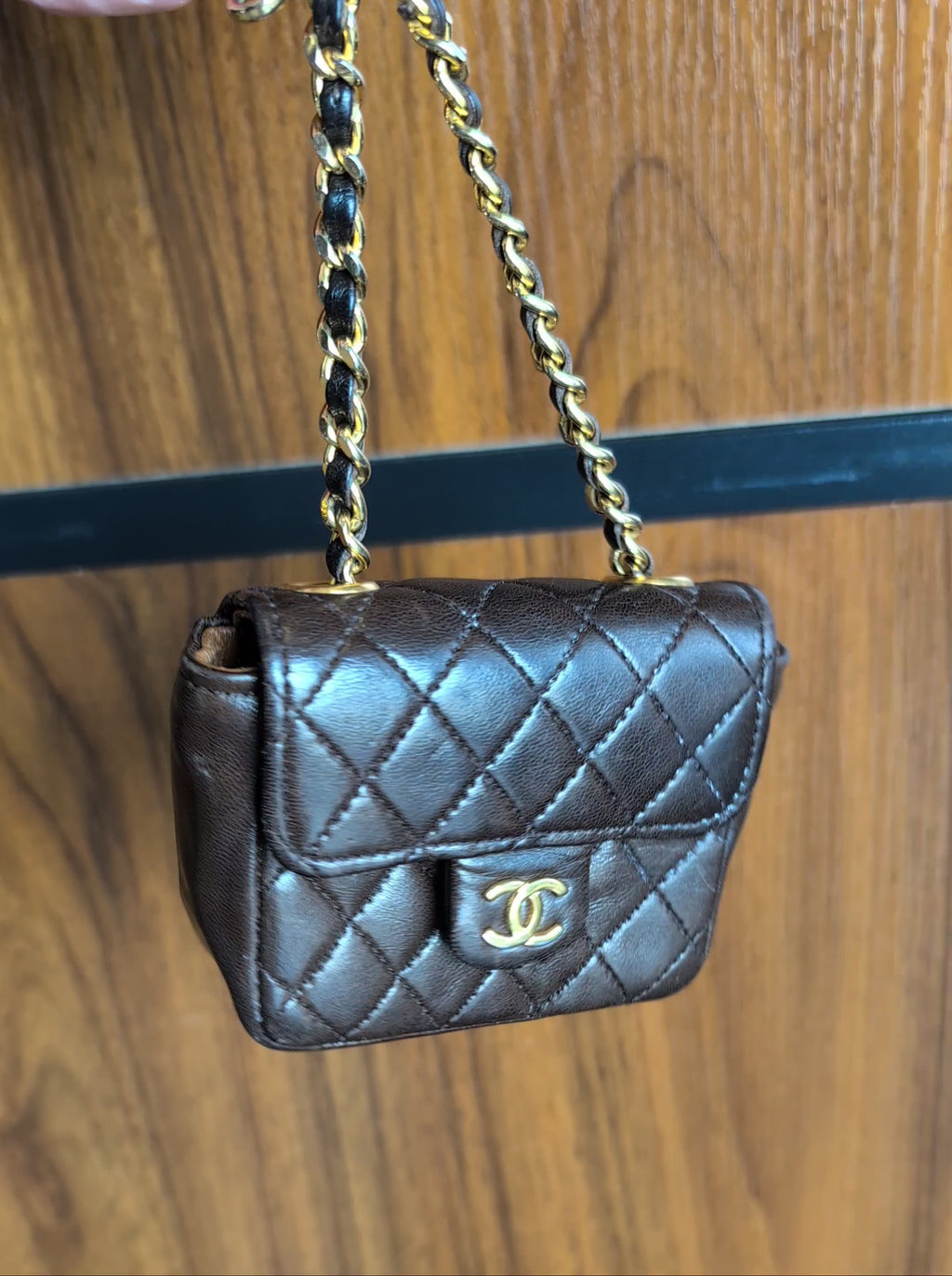 Chanel Vintage Dark Brown Lambskin Quilted Micro Mini Flap Bag Charm Belt Pouch