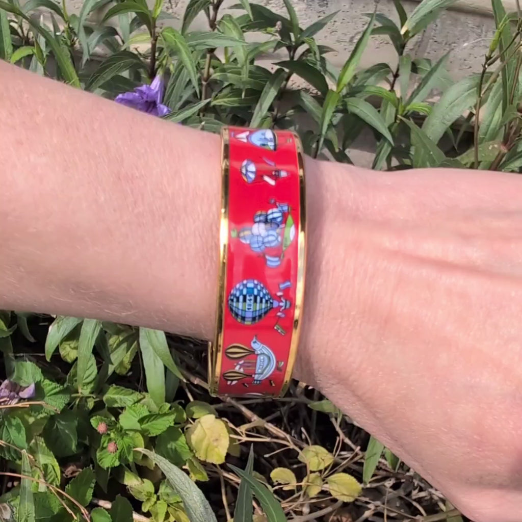 Hermès Red Enamel "Les Folies du Ciel" Wide Bangle Bracelet with Box