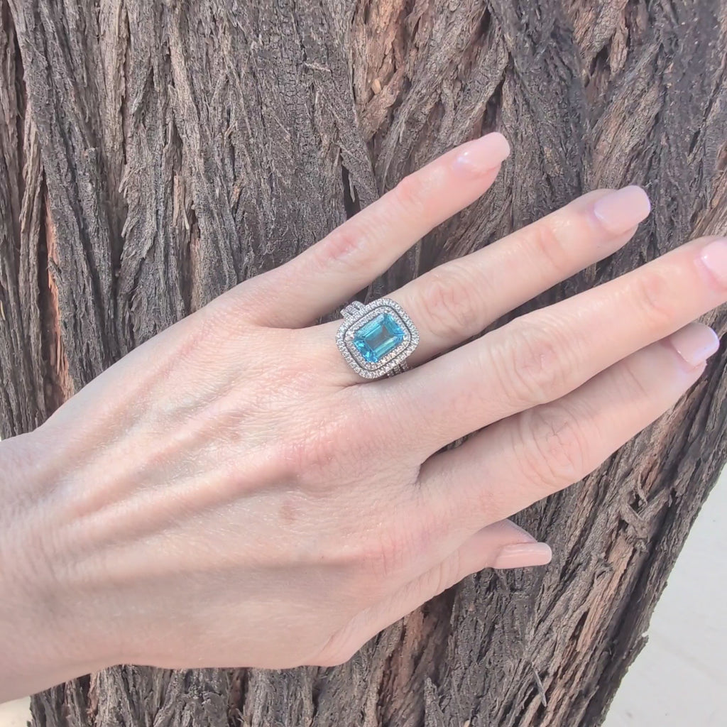 14K White Gold 3.04 CTW Natural Blue Topaz & 0.46 CTW Diamond Double Halo Ring