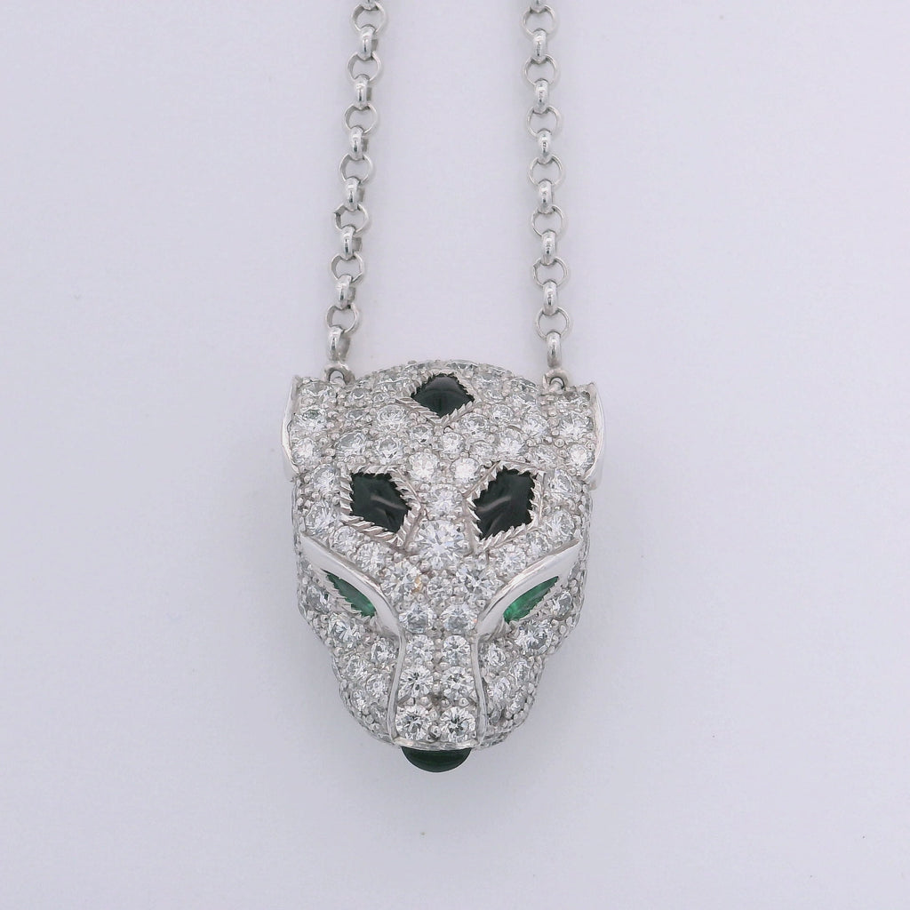 Cartier 18K White Gold Diamond Onyx Emerald Panthere De Cartier Necklace