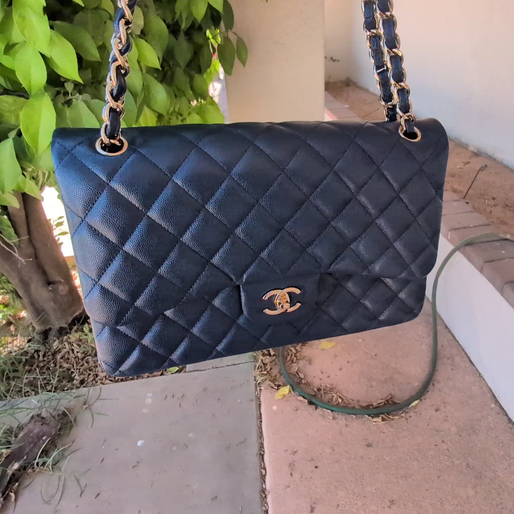 Chanel Navy Quilted Jumbo Classic Double Flap Caviar