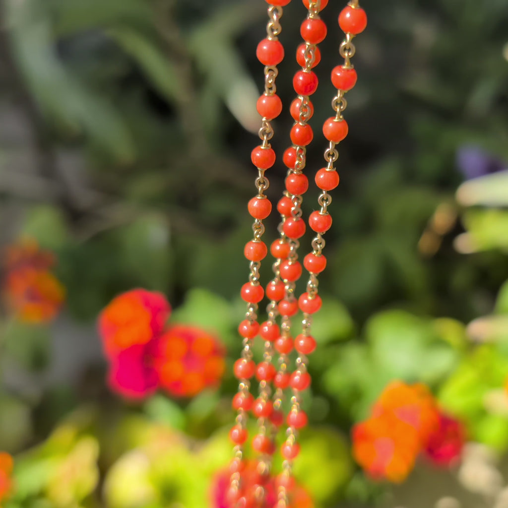 18K Yellow Gold & Red Coral Bead Station Link Necklace