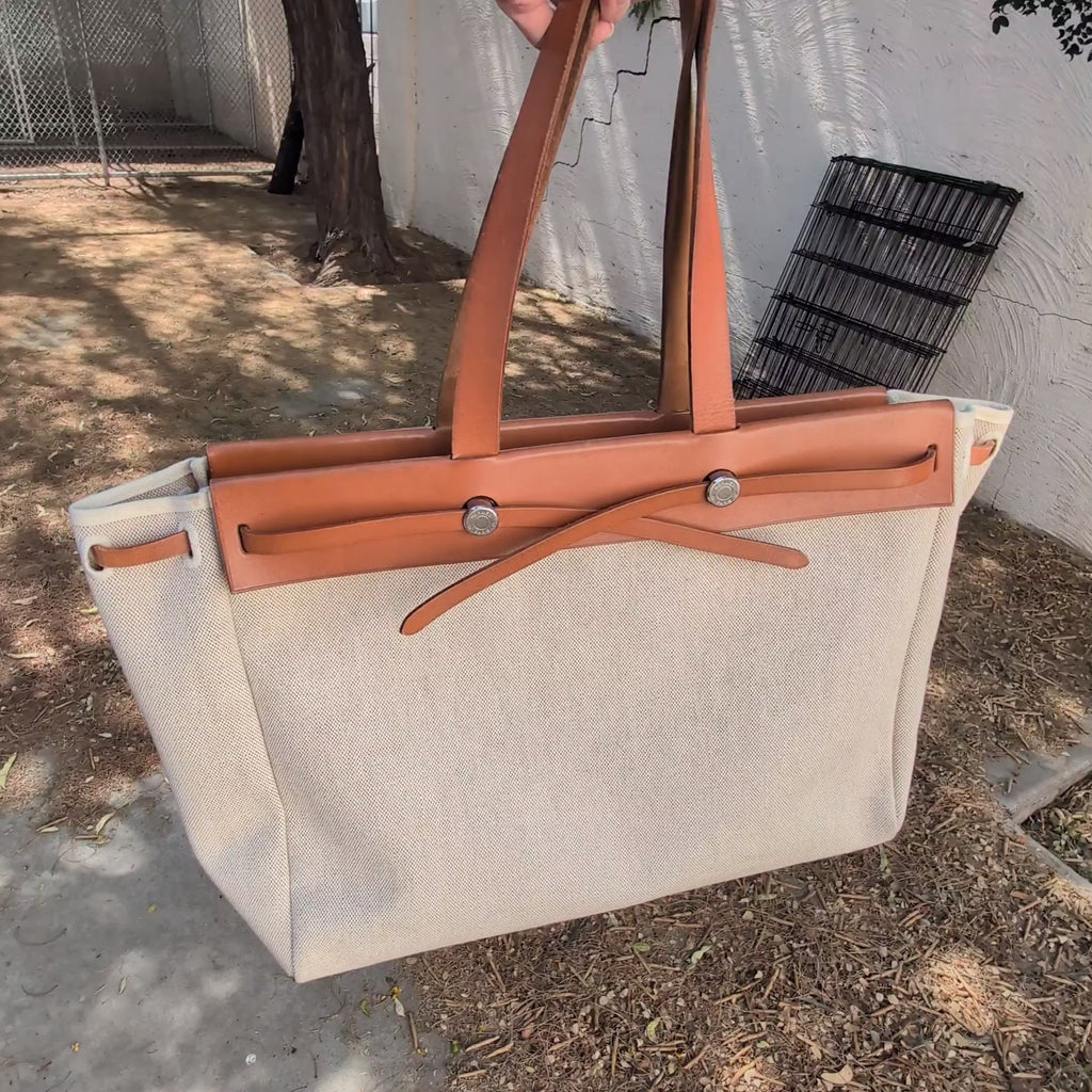 Hermes Vintage Natural Toile and Vache Calfskin Leather Herbag Cabas