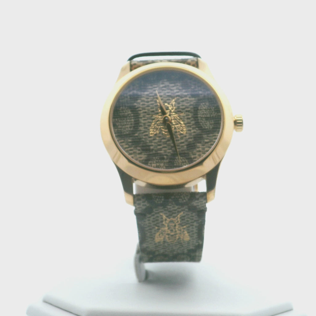 Gucci G-Timeless 38mm GG Supreme Canvas Gold Bee Unisex Watch 126.4 w/ Box