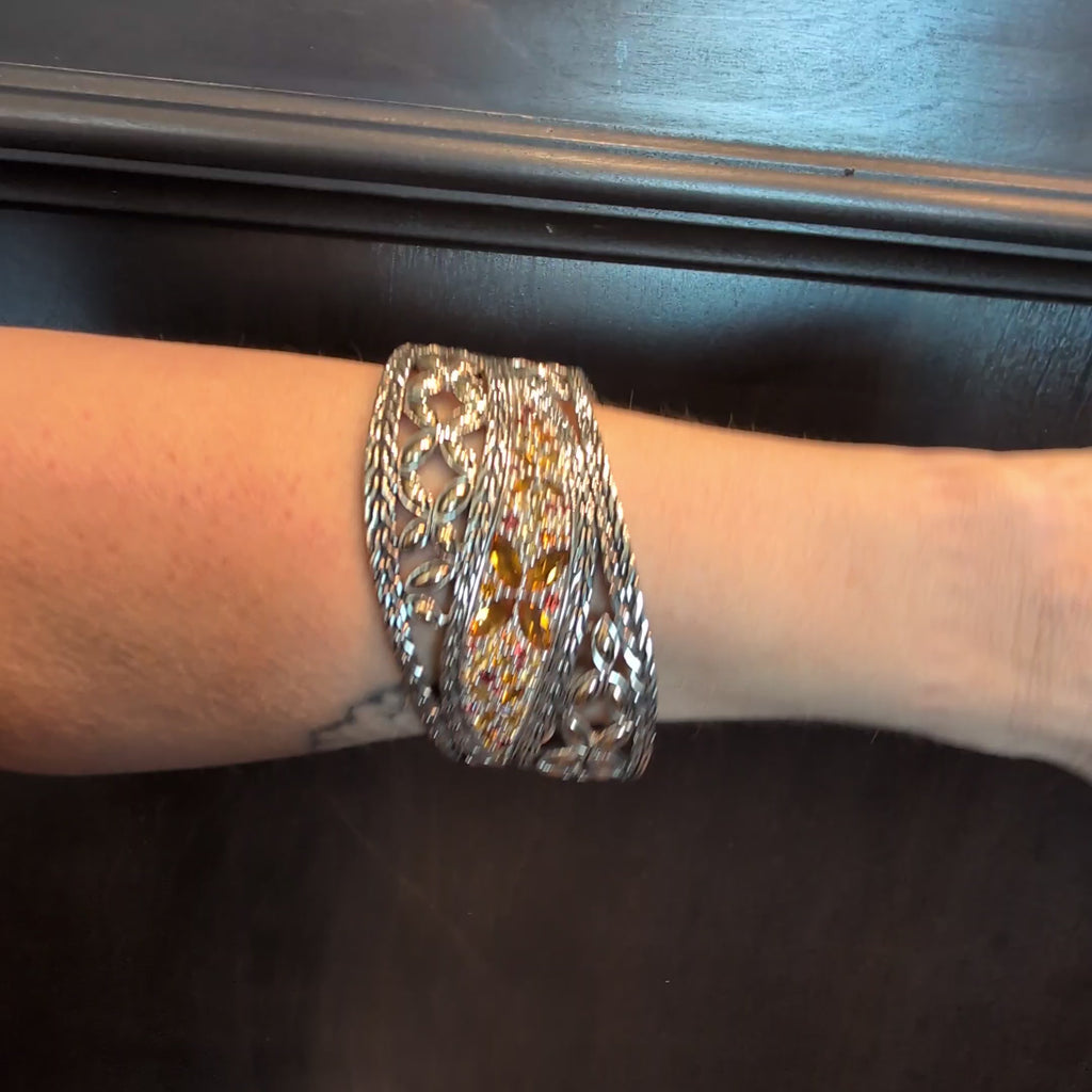 John Hardy Sterling Silver 18K Citrine Batu Kawung Flower Open Cuff Bangle