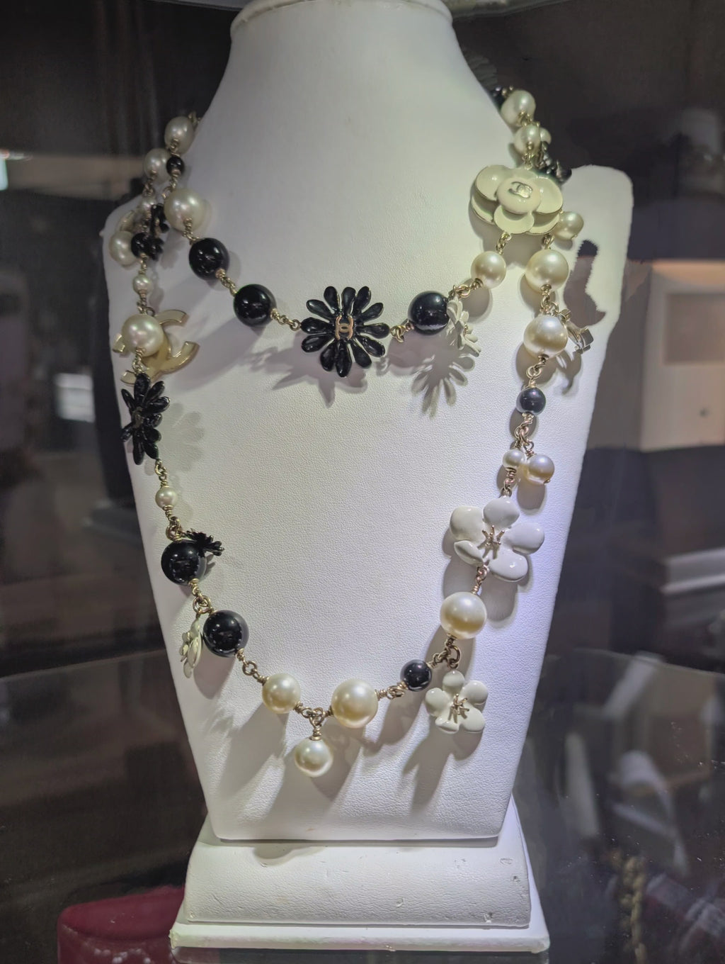 Chanel B13C Camellia Enamel, Black Bead & Faux Pearl Long Station Necklace