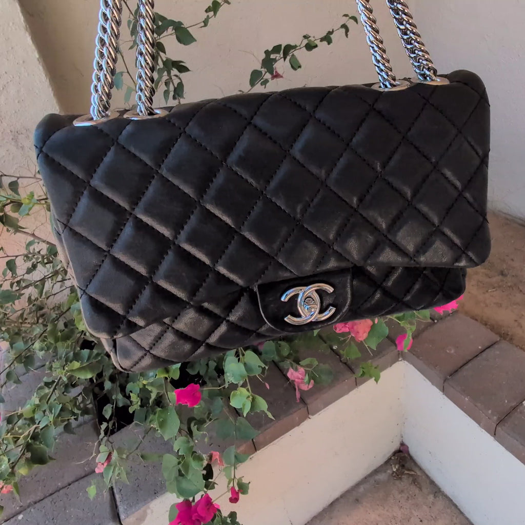 Chanel Black Lambskin Bijoux Chain Jumbo Single Flap Bag