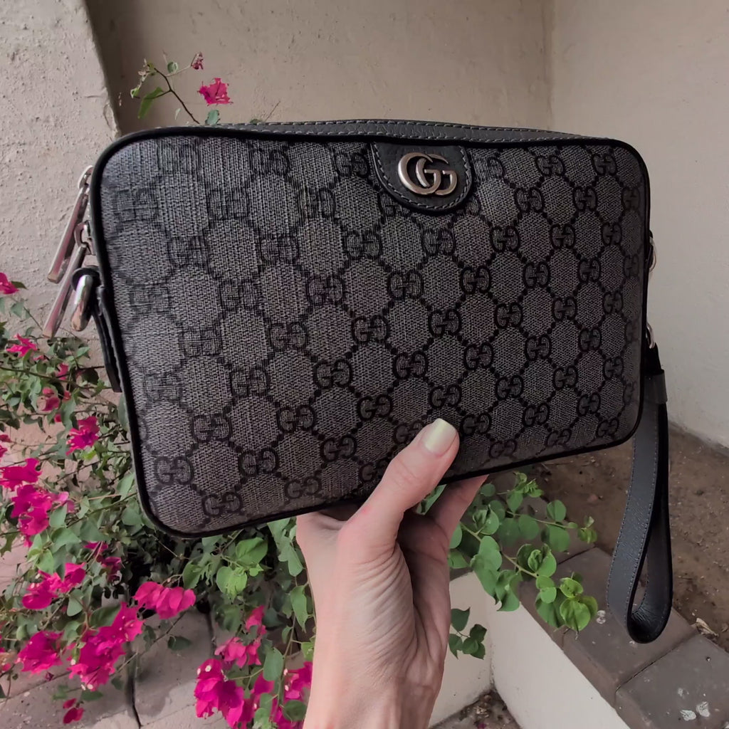 Gucci GG Supreme Monogram Textured Dollar Calfskin Wristlet Crossbody Grey