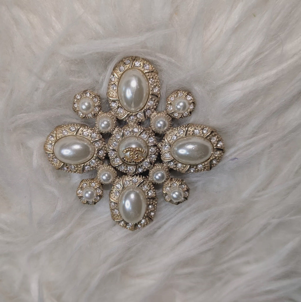 Authentic Chanel Faux Pearl & Crystal Maltese Cross Brooch