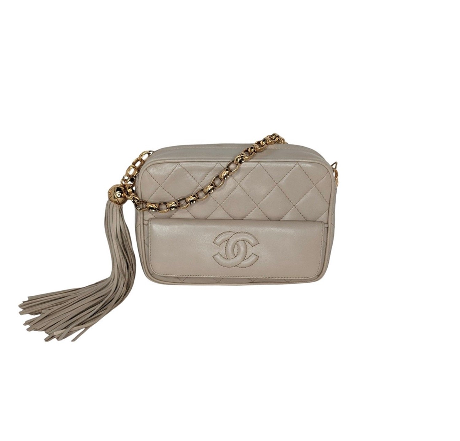 Chanel Vintage Cream Quilted Front Pocket Camera Tassel Bag