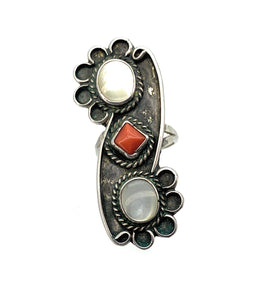 Old Pawn Split Shank Sterling Silver, Mother Of Pearl, & Coral Ring - Sz. 8
