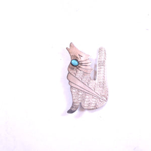 MJ Signed Native American Sterling Silver Coyote Wolf Turquoise Pin Brooch