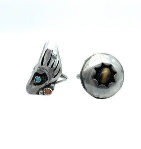 2 Navajo Split Shank Sterling Silver, Turquoise, Coral, & Cat Eye Shadowbox Rings