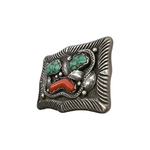 Native American Sterling Silver Turquoise & Coral Belt Buckle