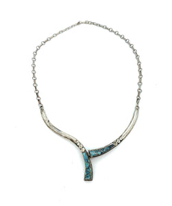 Vintage Old Pawn Zuni Sterling Silver Inlay Turquoise 2-Station Necklace