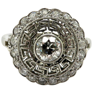 Platinum Old European Cut Art Deco Style Greek Key Diamond Halo Ring, Size 7.25