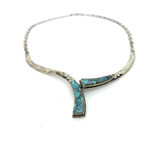 Vintage Old Pawn Zuni Sterling Silver Inlay Turquoise 2-Station Necklace
