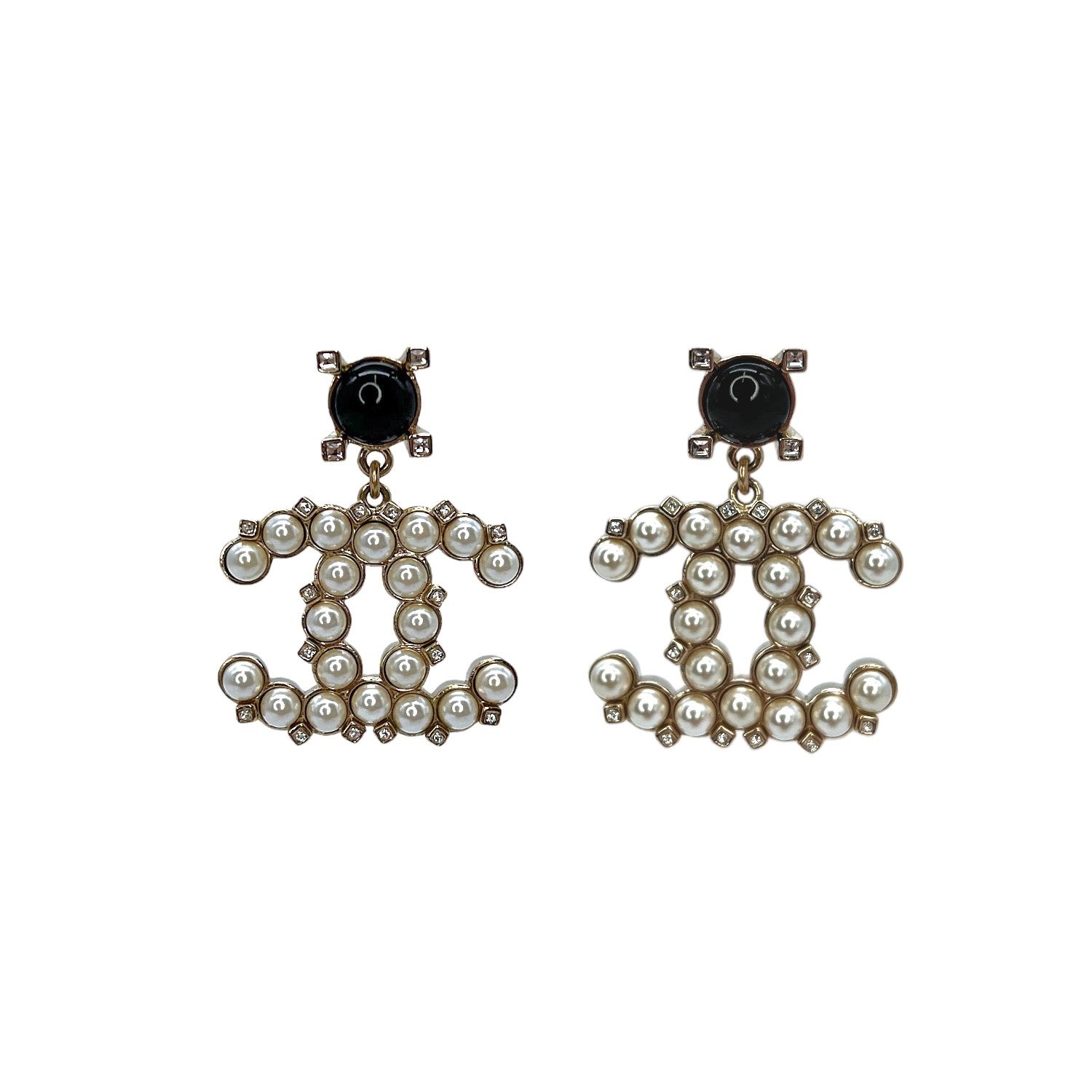 Vintage CHANEL Earrings With Golden CC Faux Pearl Black 