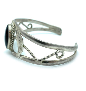 Vintage Sterling Silver Onyx Split Shank Cuff Bracelet
