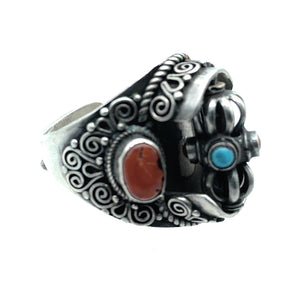 UNIQUE Vintage Sterling Silver, Turquoise & Coral Spinner Ring - Sz. 7