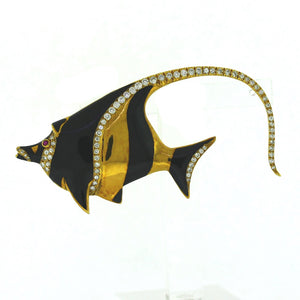 MAVITO 18K Yellow Gold 1.00ctw Diamond & Black Enamel Angelfish Brooch