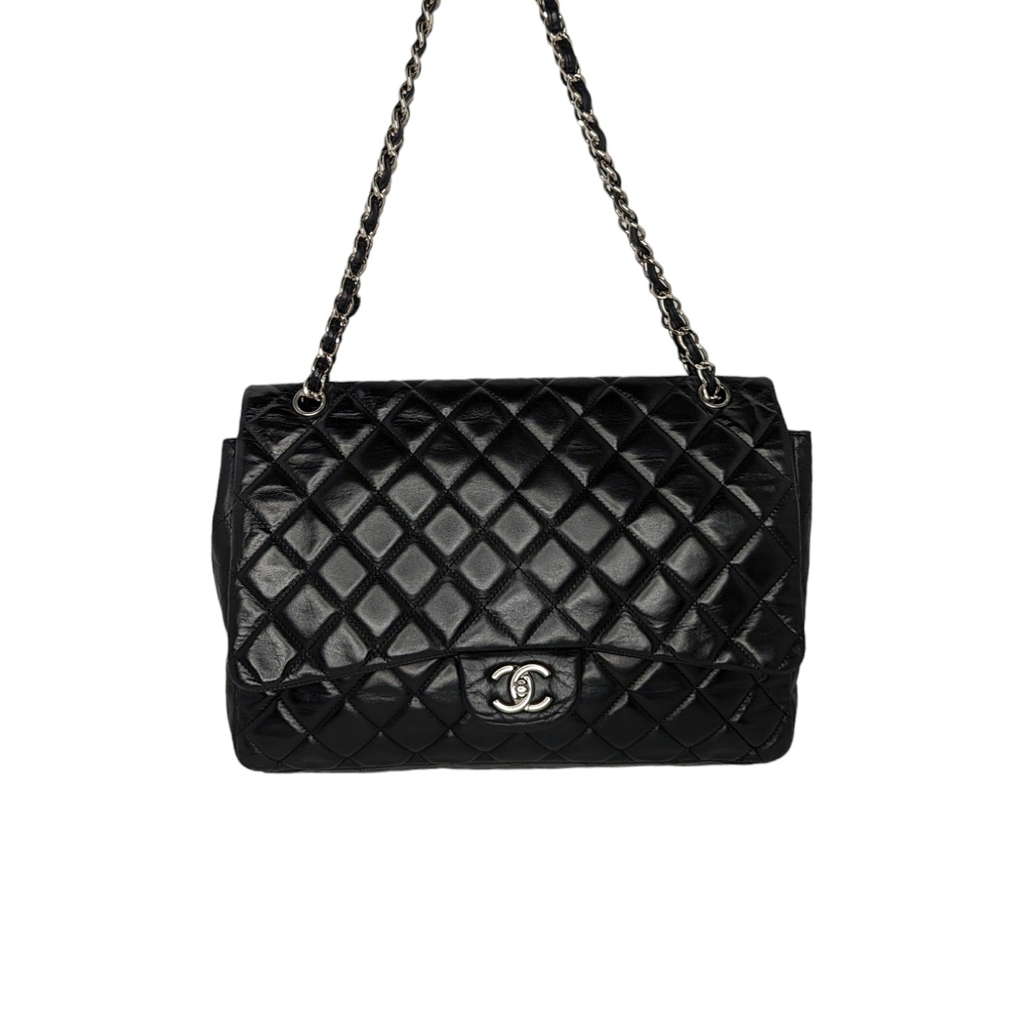 Chanel Jumbo 13 Maxi 2.55 Flap Chain Shoulder Bag Black Lambskin D68