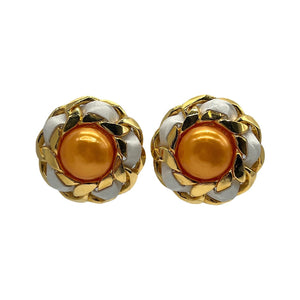 Gold Metal and Imitation Pearl CC Florentine Baroque Earrings, 1993