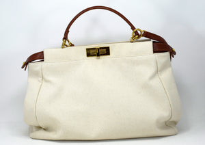 Fendi Cream/Tan Canvas and Leather Large Peekaboo Top Handle Bag