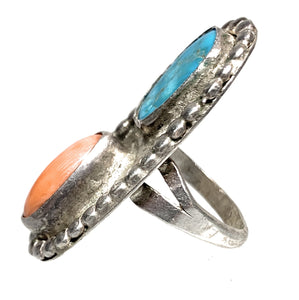 Vintage Navajo Sterling Silver, Turquoise, & Coral Split Shank Ring - Sz. 7.75