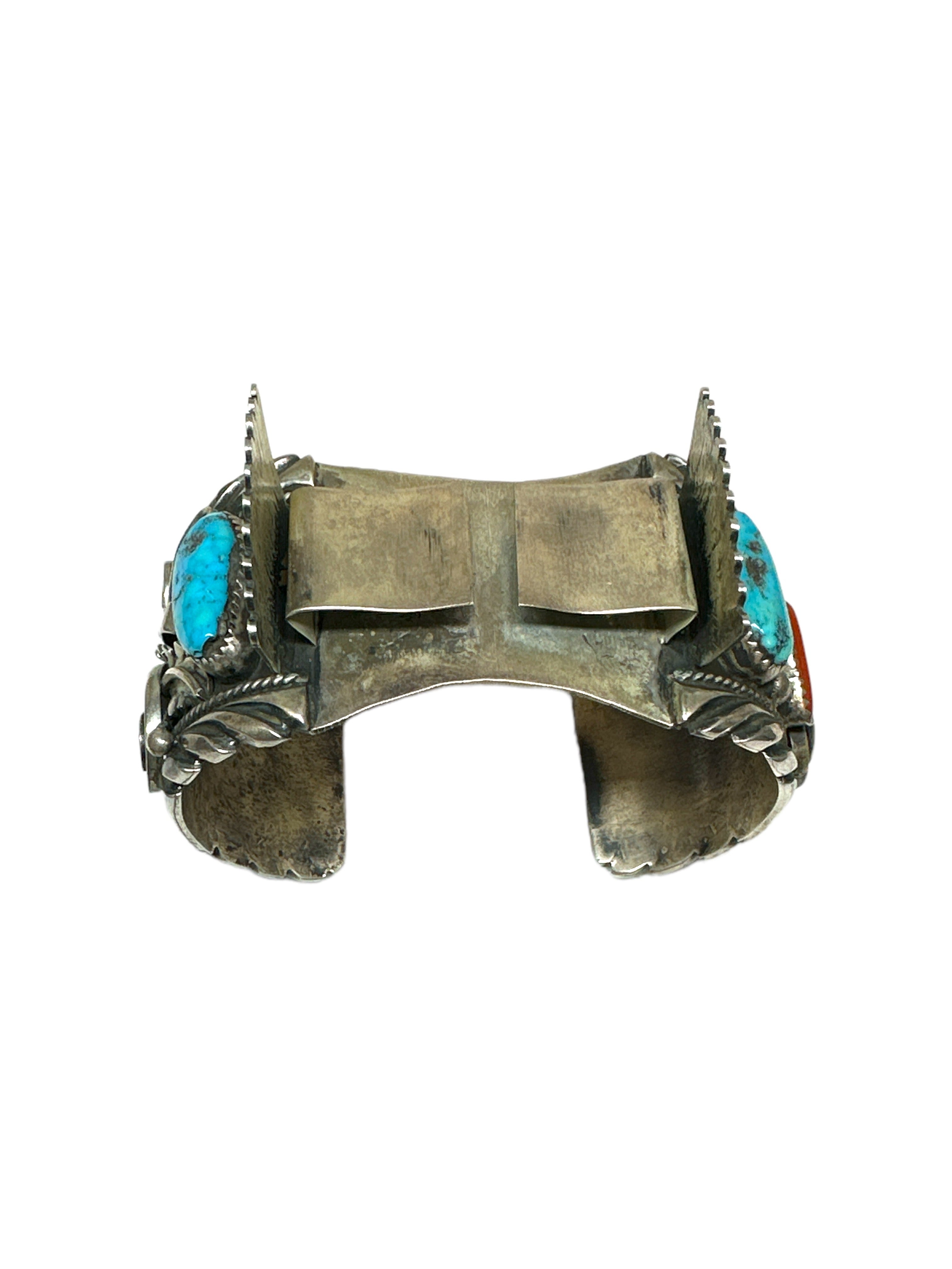 Old Pawn Navajo Heavy Gauge Sterling Silver Turquoise & Coral Watchcuff ...