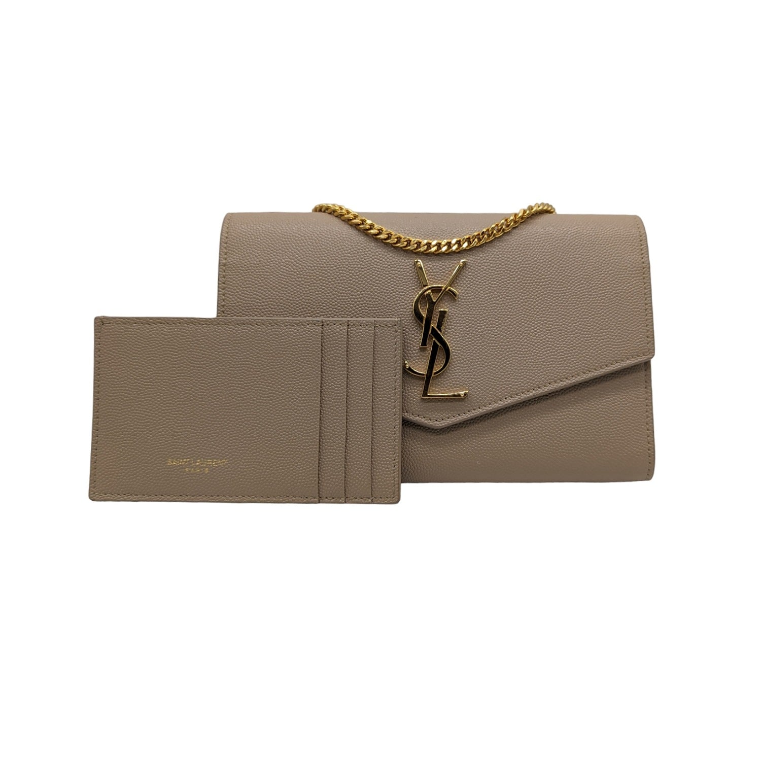 YSL Yves Saint Laurent Chain Wallet Bag Embossed Leather Poudre Beige Tan